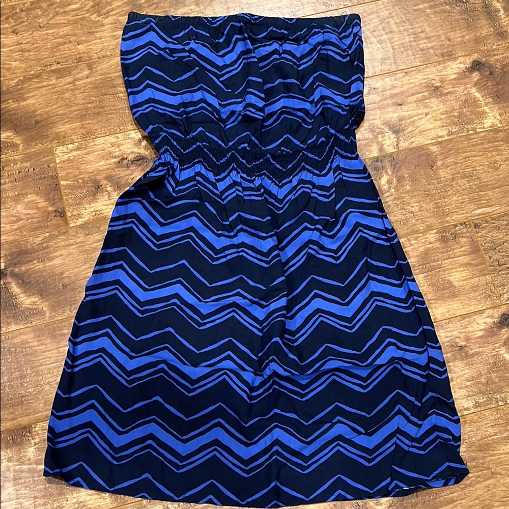 Blue and Navy Strapless Chevron Dress